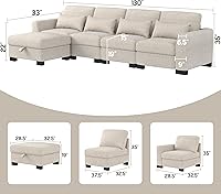 Vista 2 de Sofá modular seccional, sofá modular convertible de 130 pulgadas con 4 almohadas, sofá modular de gran tamaño de 4 asientos con otomanas