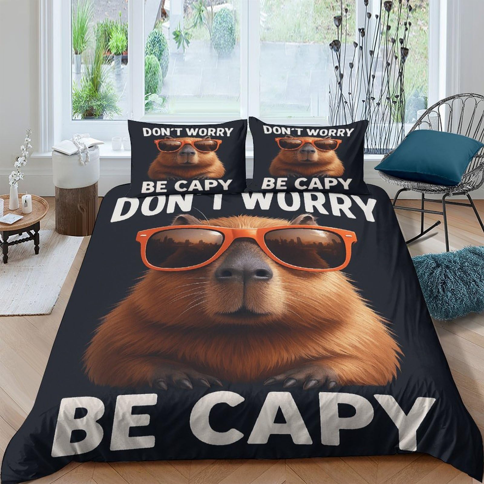 Ctjqhvkz Style-1 3D Printed Capybara Sunglasses Fitted Sheet Microfiber Soft Anti-Slip Animal Print Bed Cover For Bedroom Dorm Decor Single（135X200cm）