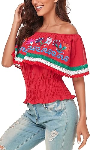 Miniatura 3 de YZXDORWJ Camisa con hombros descubiertos bordados mexicanos para mujer