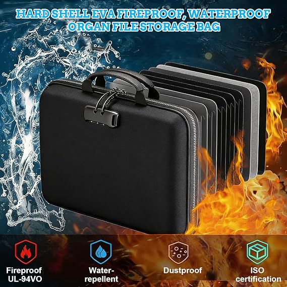 Fireproof Document Box Safe Portable File Box with Handle & Zipper Lockable Storage Box Collapsible File Organizer Document Organizer for Letter Document Valuables & A4 Suspension File Folder - Black