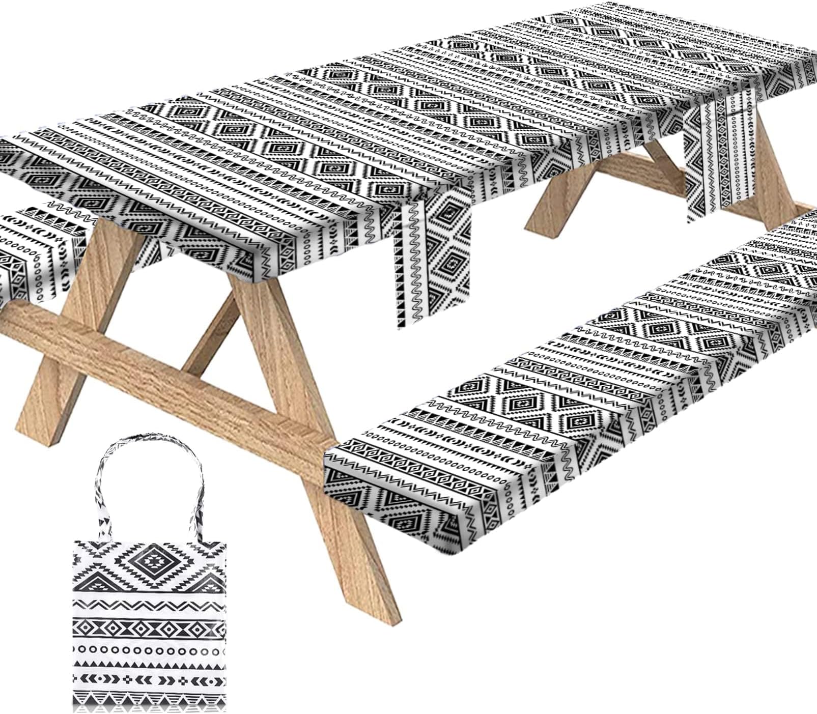 Picnic Table Cover with Bench Covers 3 Piece Set Elastic Fitted Rectangle Tablecloths Camp Tables Seat Cloth Polyester Oilcloth Vinyl Clothes for Outdoor Waterproof Camping 72x30 Inches Boho