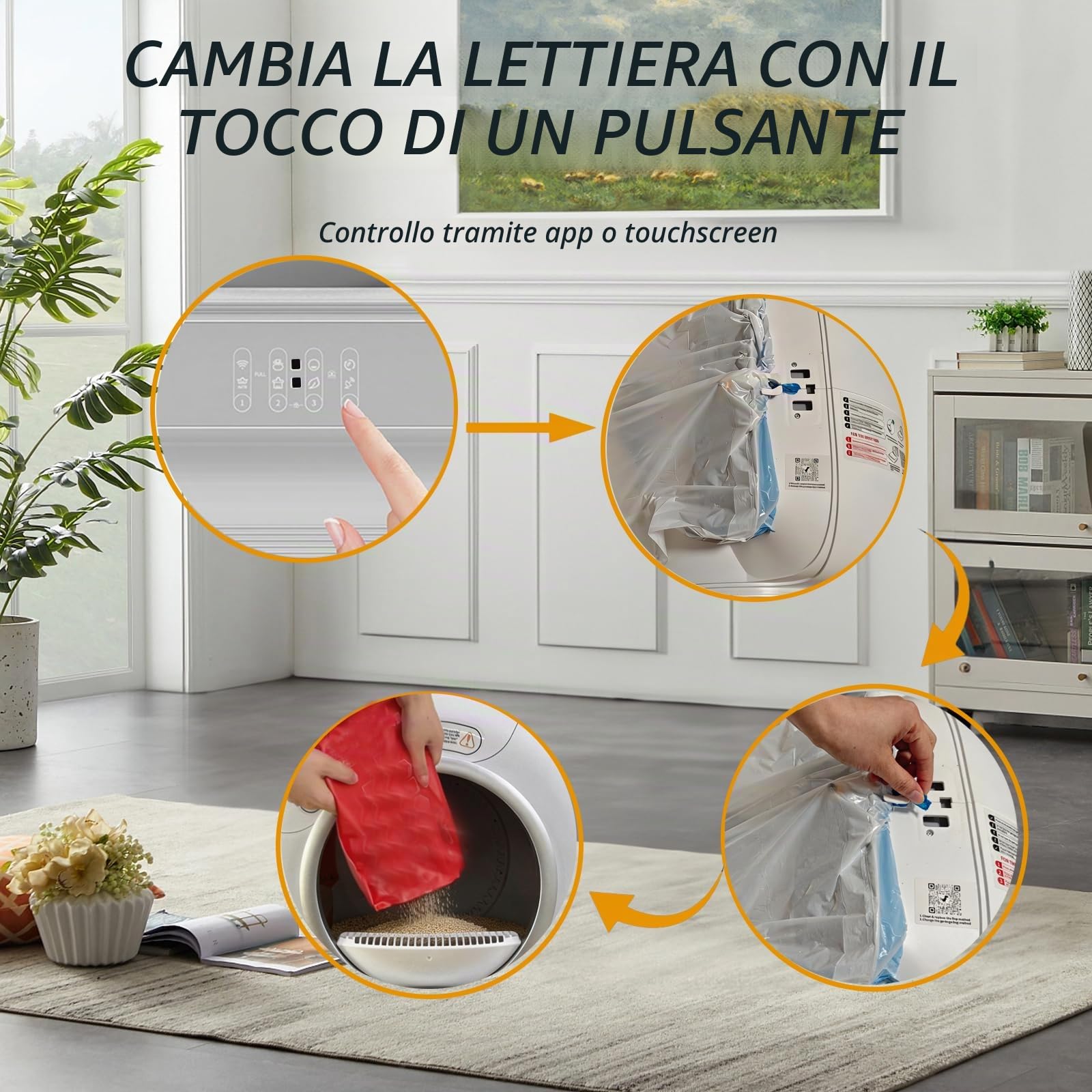 Lettiere Autopulenti Gatti 65L+9L Smart Health Monitor Comando APP | Deodorante Ionico, 6 Rotoli Sacchetti e 2 Schermi Filtranti Adatte Alle Famiglie con Più Gatti