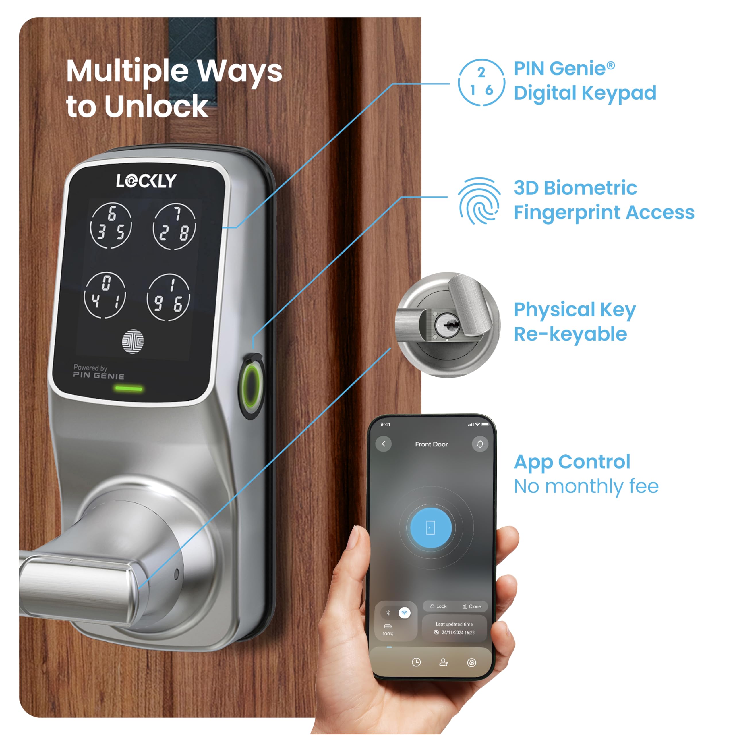 Secure Pro Smart Lock Wi-Fi, cerradura de puerta con teclado digital de entrada sin llave, sensor de huellas dactilares biométrico 3D con asa, control de voz y bloqueo automático, edición con 2