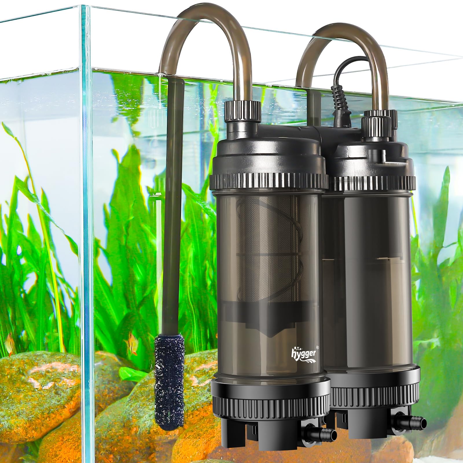 hygger Zewnętrzny filtr akwariowy 9W Podwójny przepływ wody, 450L/H Zewnętrzny filtr do akwarium Ultra cichy filtr akwariowy 27-74 litrów
