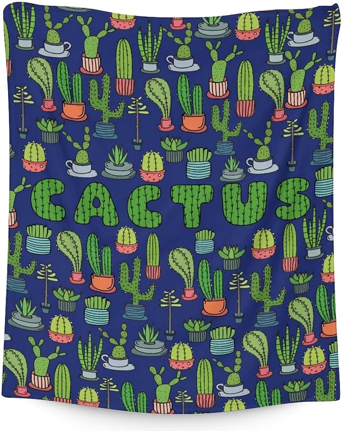 Cactus Throw Blanket - Soft, Fuzzy & Warm - 60x80 Inches Flannel Blankets for Bed, Couch - Dark Blue Aesthetic Throws Gift for Women, Men
