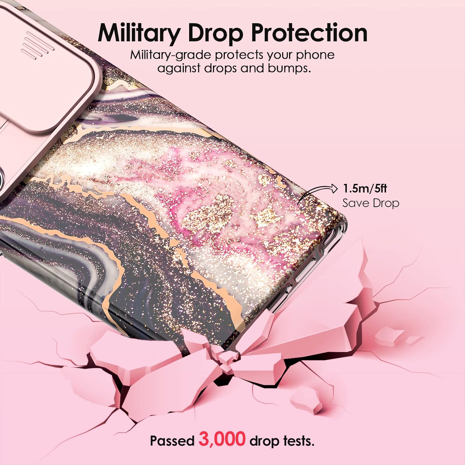 for Samsung Galaxy S23 Ultra Case with Slide Camera Cover, Samsung S23 Ultra Case Shockproof Slim Thin Lightweight, Chic Glossy Fade-Resistant Pattern Phone Cases Cover for S23 Ultra, Black - Image 4