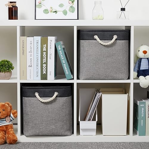 Vista 68 de Temary Canastas de almacenamiento pequeñas de tela para armario, paquete de 6 cajas de almacenamiento decorativas con asas de cuerda para organizar