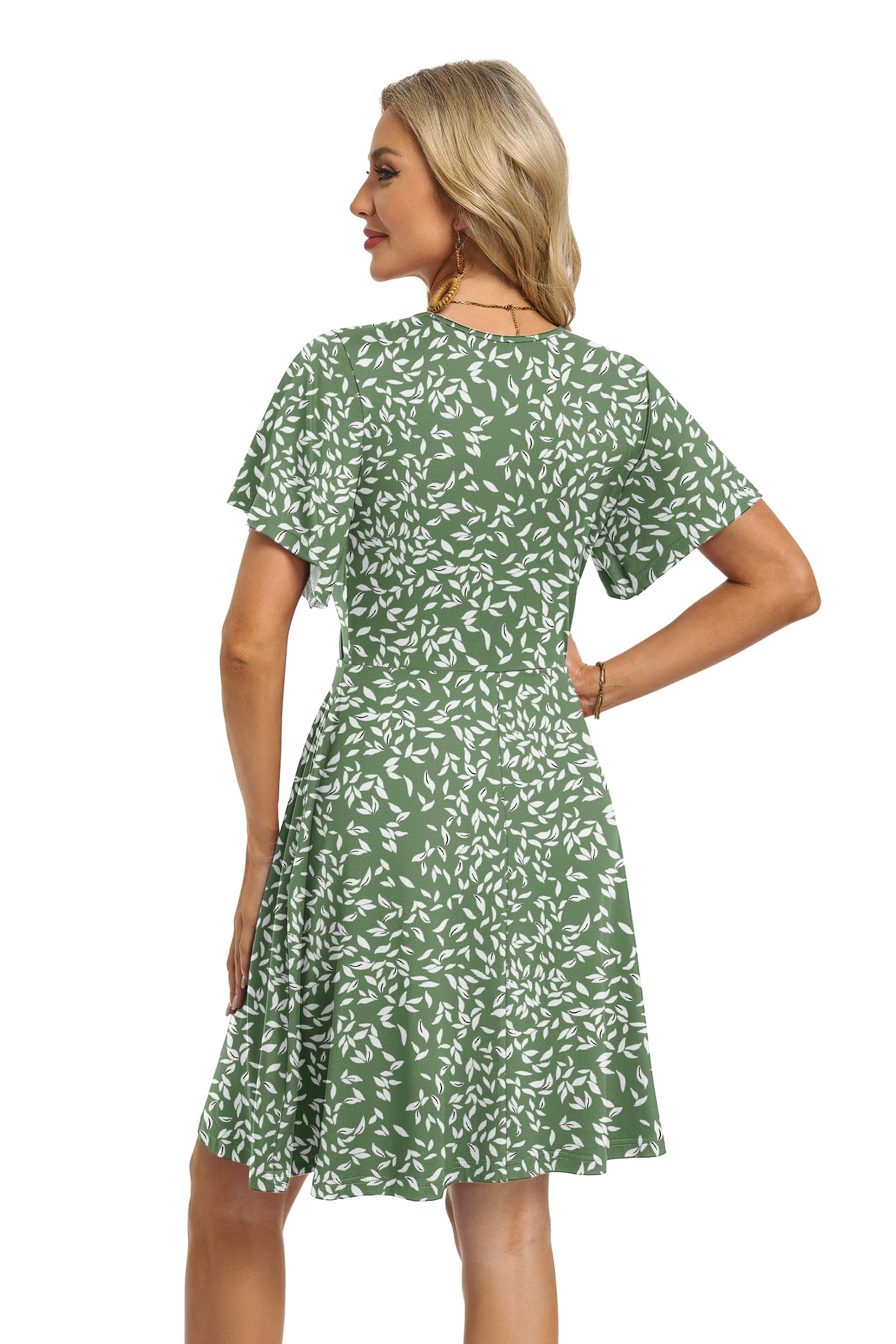 PLMOKEN Vestidos de Verano para Mujer Vestido Sexy con Cuello en V y Manga con Volantes Vestidos de Playa con Bolsillos