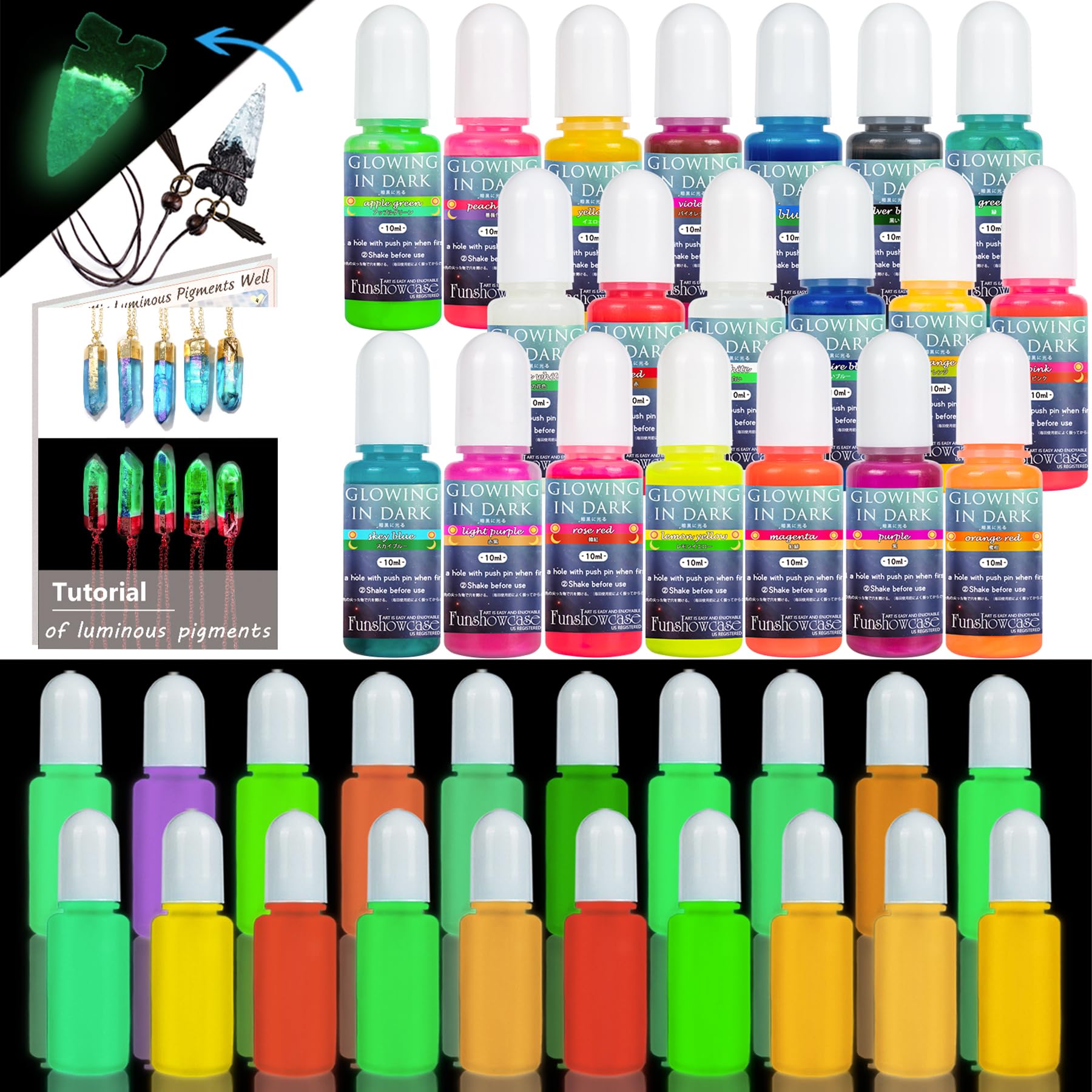 Pigmento luminoso de resina epoxi de 20 colores que brillan en la oscuridad, colorante líquido, cada uno 10 g, 10 ml, 0.35 onzas