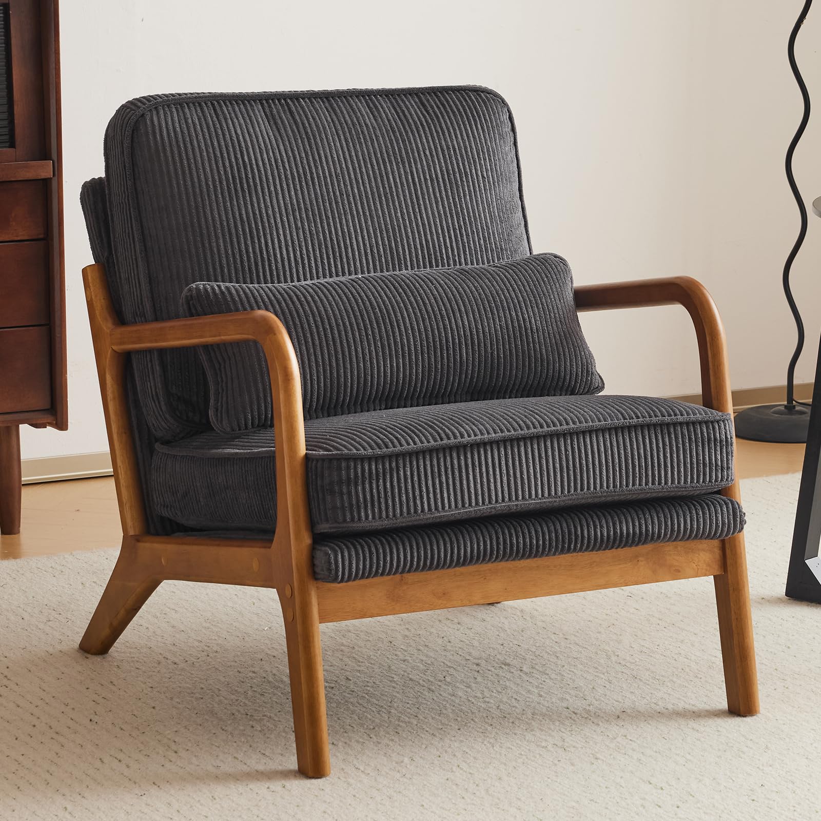 Bonnlo Accent Chair, Soild Wood Padding Lounge Armchairs, Occasional Reading Chair with Cushions and Lumbar Pillow, Armchairs for Living Room, Bedroom, Guest Room, Corduroy, Dark Grey โ image 1