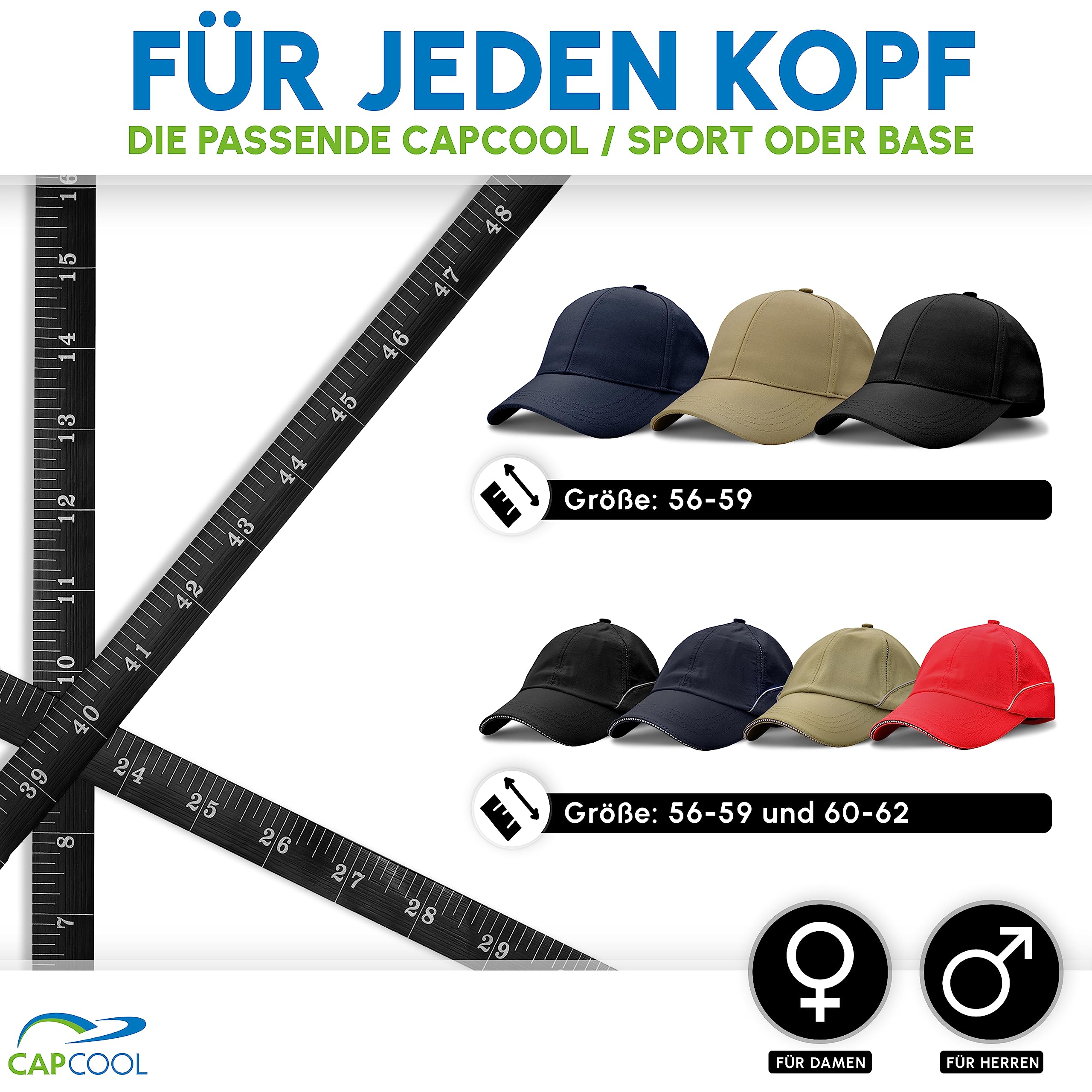 CAPCOOL Baseball Cap [100% UV-Schutz] Verstellbar für Herren und Damen - Atmungsaktiv, Einfarbig, Unisex - Verschiedene Größen/Farben für Sommer/Winter