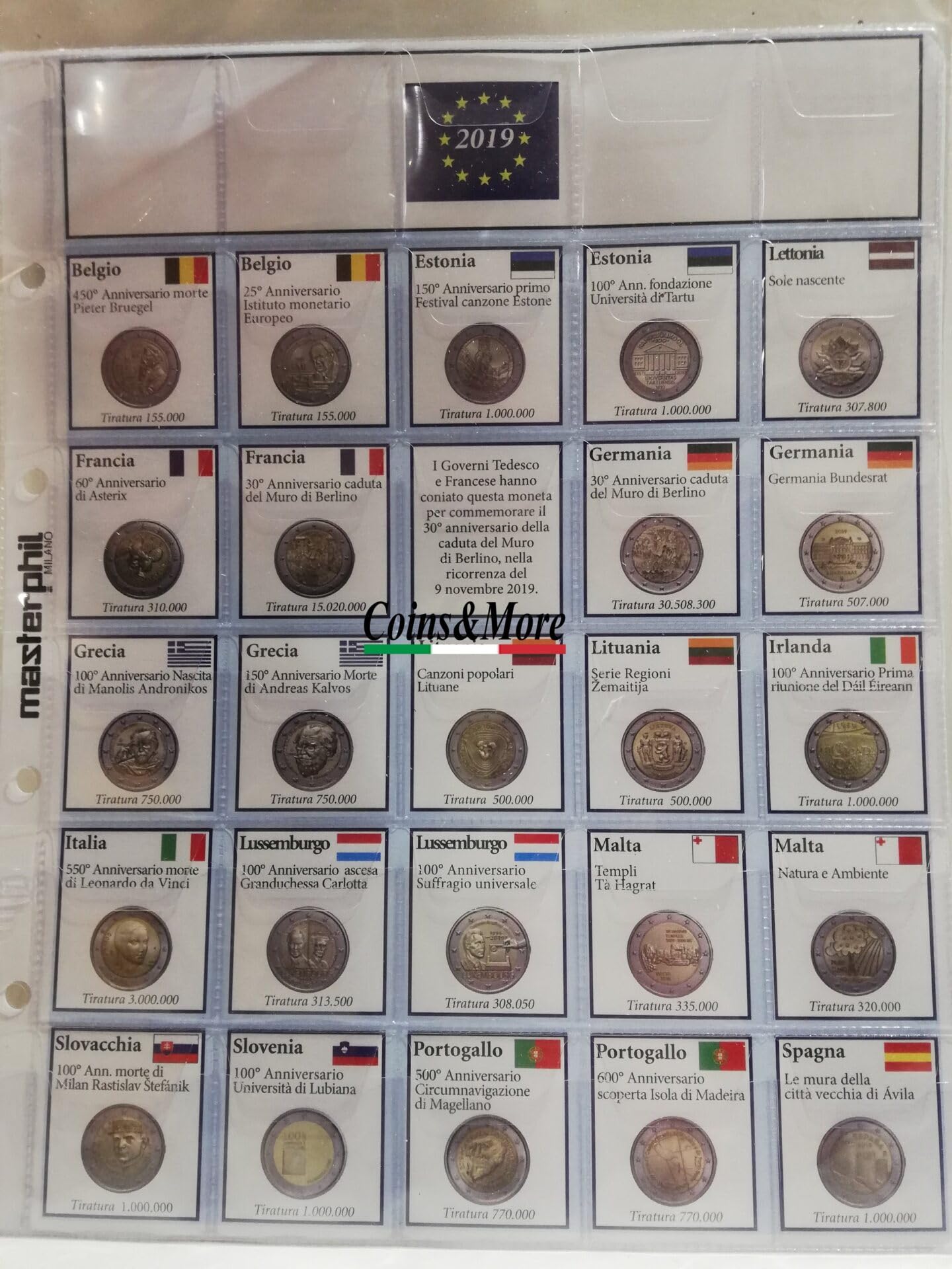 Álbum Monedas 2 Euros conmemorativas, Mecanismo de Anillas, páginas Transparentes con Tarjetas descriptivas, Fabricado a Mano en Italia