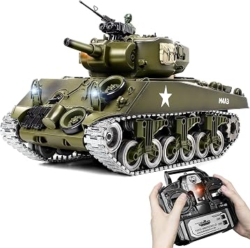 1/18 Alloy Metal M4A3 Sherman RC Tank, 2.4 GHz Remote Control Tank with Smoke, Sound and LED Light, Recoil Force, Army Toys for Adults and Kids 2 Rechargeable Battery