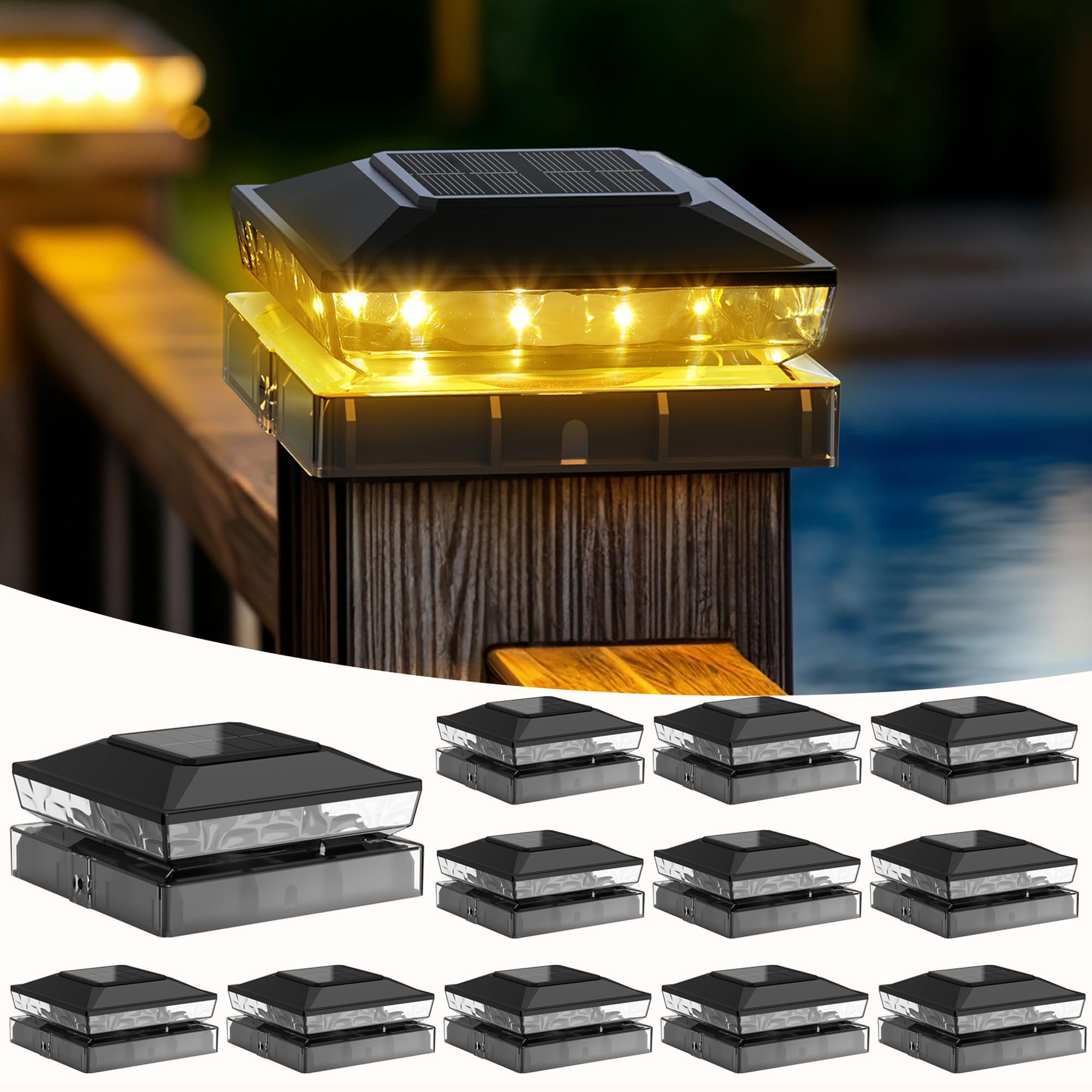 KEILAIMO Solar Post Cap Lights, 12-Pack Upgraded Outdoor Deck Fence Post Solar Lights for 4x4 5x5 Wood/Vinyl Posts, IP65 Waterproof, 10-12 Hours Warm White Glow for Garden/Patio/Porch - Black