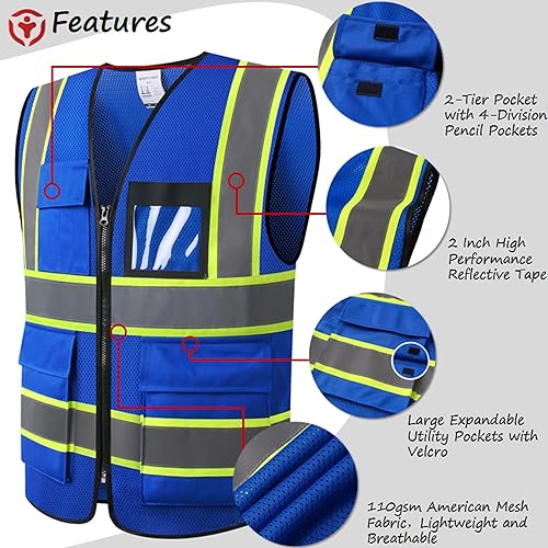 Miniatura 3 de Chaleco de seguridad reflectante de alta visibilidad para hombres y mujeres con bolsillos con cremallera frontal cumple con las normas ANSIISEA