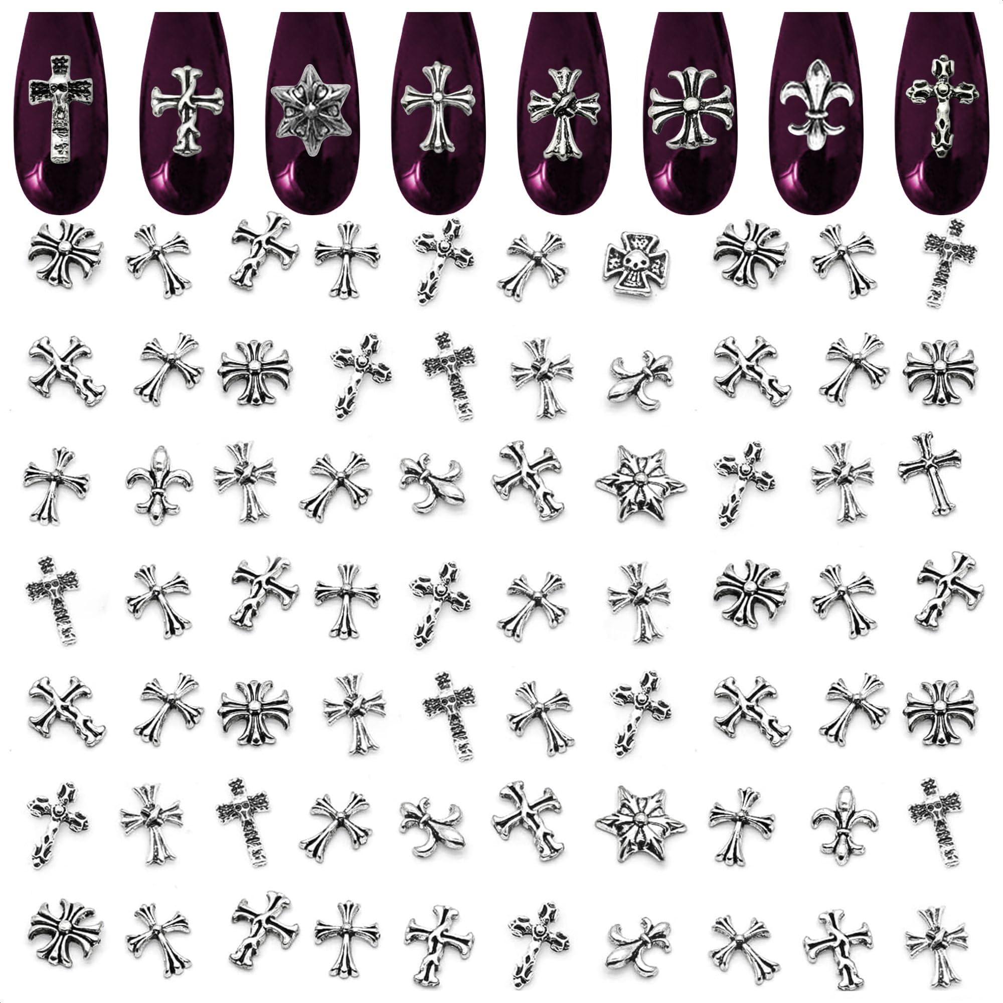 100 Pcs 3D Crosses Nail Charms Vintage Silver Chrome Metal Punk Gothic Mixed Skulls Hearts Cross Shape for Manicure DIY Craft Nail Art Decoration Accessories