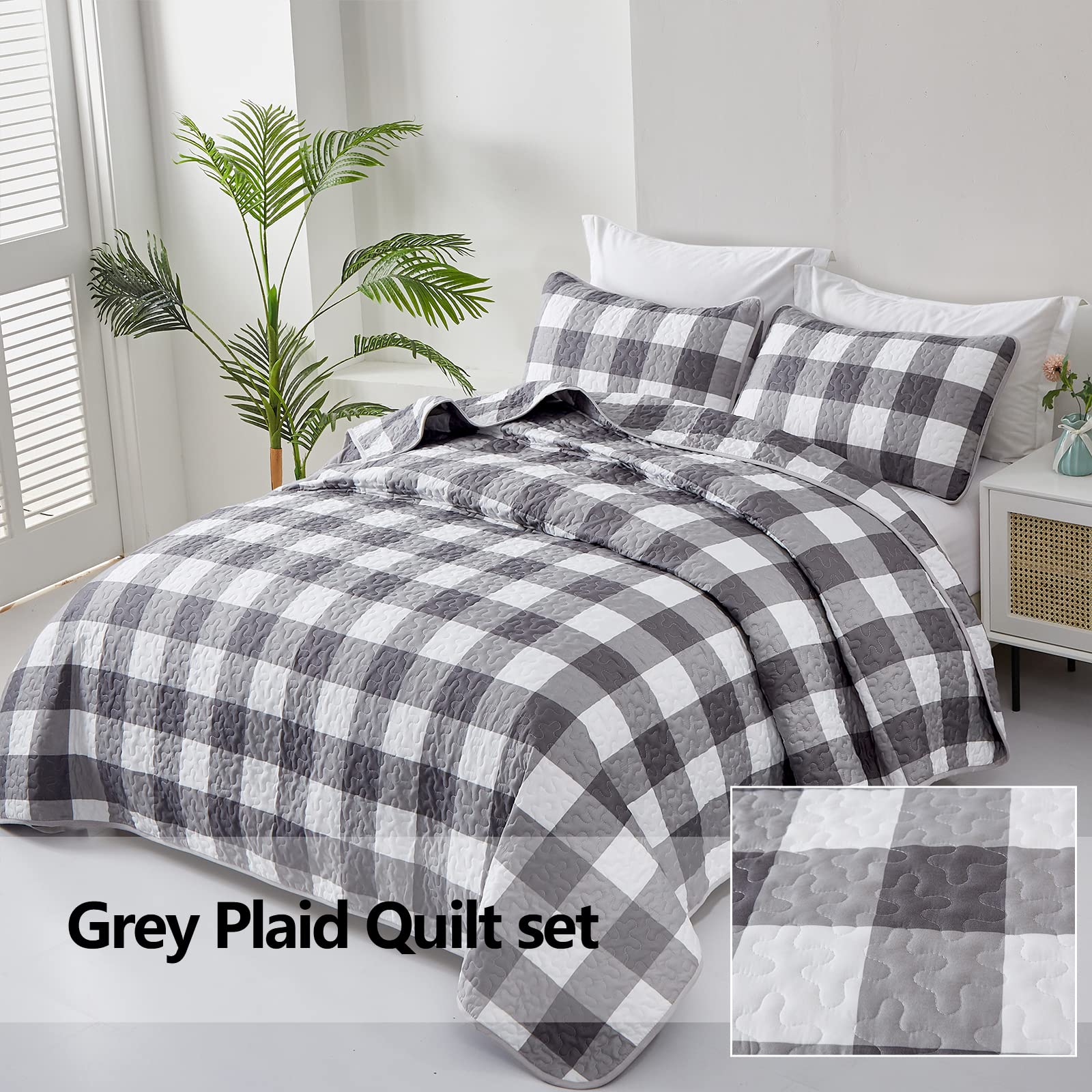 Grey Buffalo Plaid Quilt Set Queen Size 