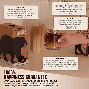 Wandering Bear Organic Caramel Cold Brew On Tap - 96 fl oz, Iced Coffee | Extra strong, bold, smooth, no sugar added, shelf-stable, ready to drink, gluten free & vegan, 16 servings of 6 fl oz