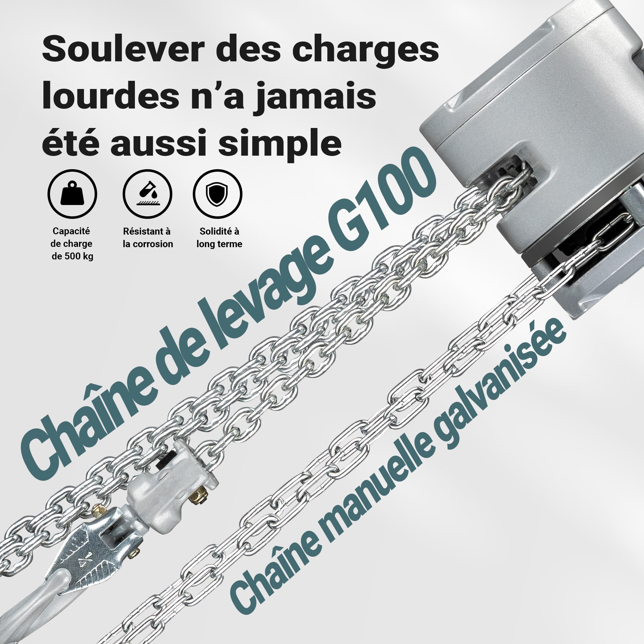 Wiltec Palan à chaîne Aluminium Charge jusqu'à 500 kg Treuil manuel Hauteur de levage 3 m G100 Palan à levier Système Levage Charges lourdes Traction Équipement Atelier