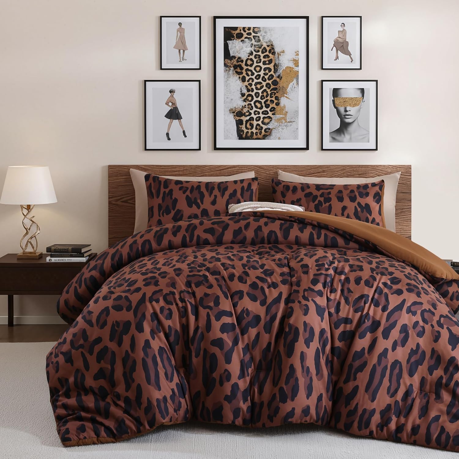 JANZAA Leopard Print Comforter Set Queen - 3 Pieces Animal Cheetah Print Comforter Set, Cozy Soft Fluffy Brown/Pink/Floral Print Bedding Set with 2 Pillow Shams for All Season