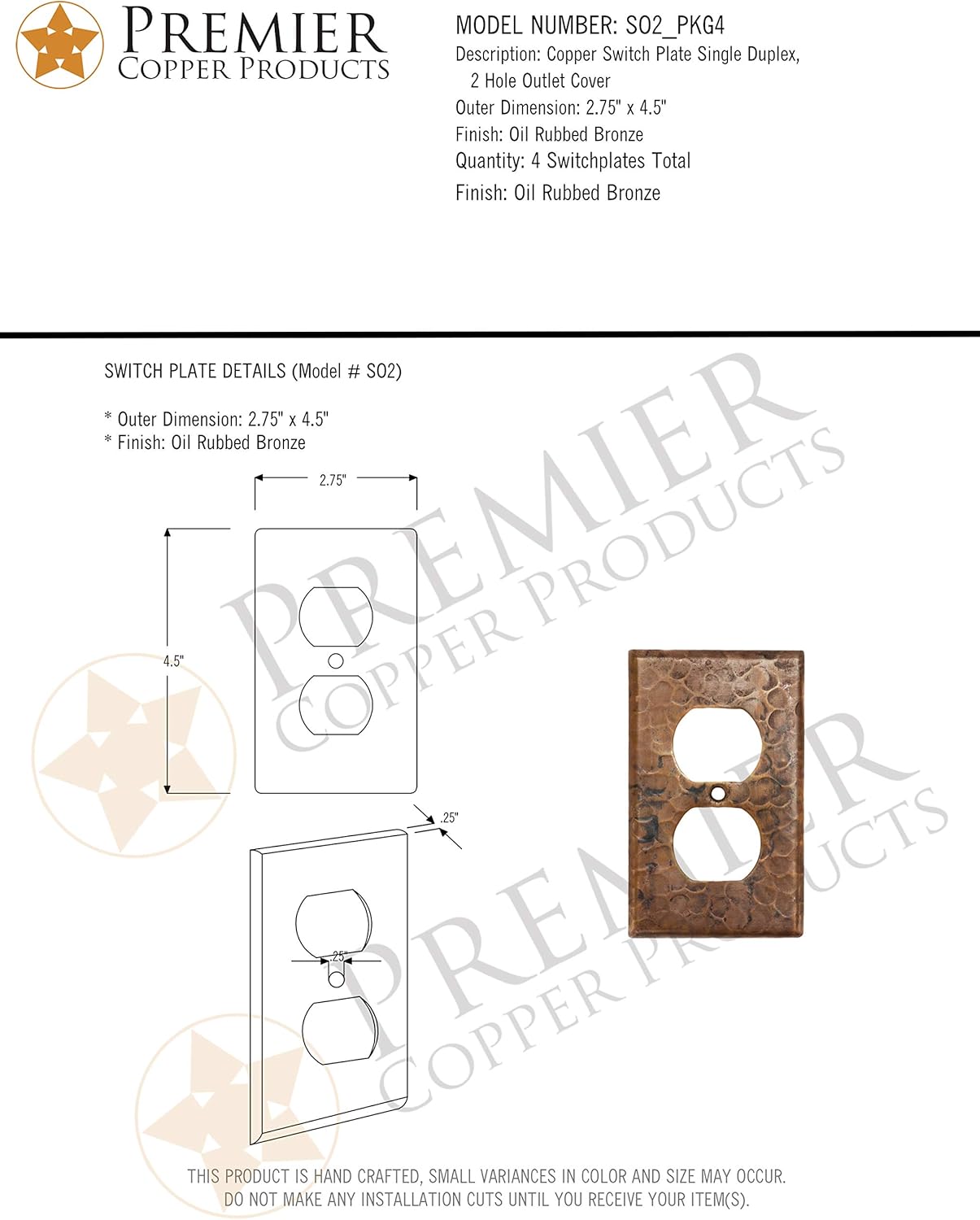Premier Copper Products SO2_PKG4 Copper Switchplate Single Duplex, 2 Hole Outlet Cover - Quantity 4, Oil Rubbed Bronze