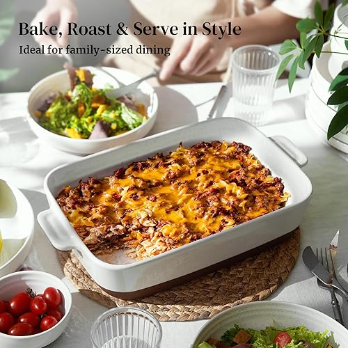 Miniatura 3 de DOWAN Cacerola de cerámica para horno, bandeja para lasaña profunda de 9 x 13, plato grande para hornear con asas, 4.3 cuartos de galón de