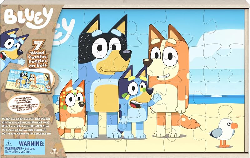 Games Bluey 7-Pack Wooden Puzzles with Storage Tray for Kids | Includes 7 Wooden Puzzles, Screen-Free Activity, Develops Fine Motor Skills & Dexterity, Features Bluey & Family, Ages 4+