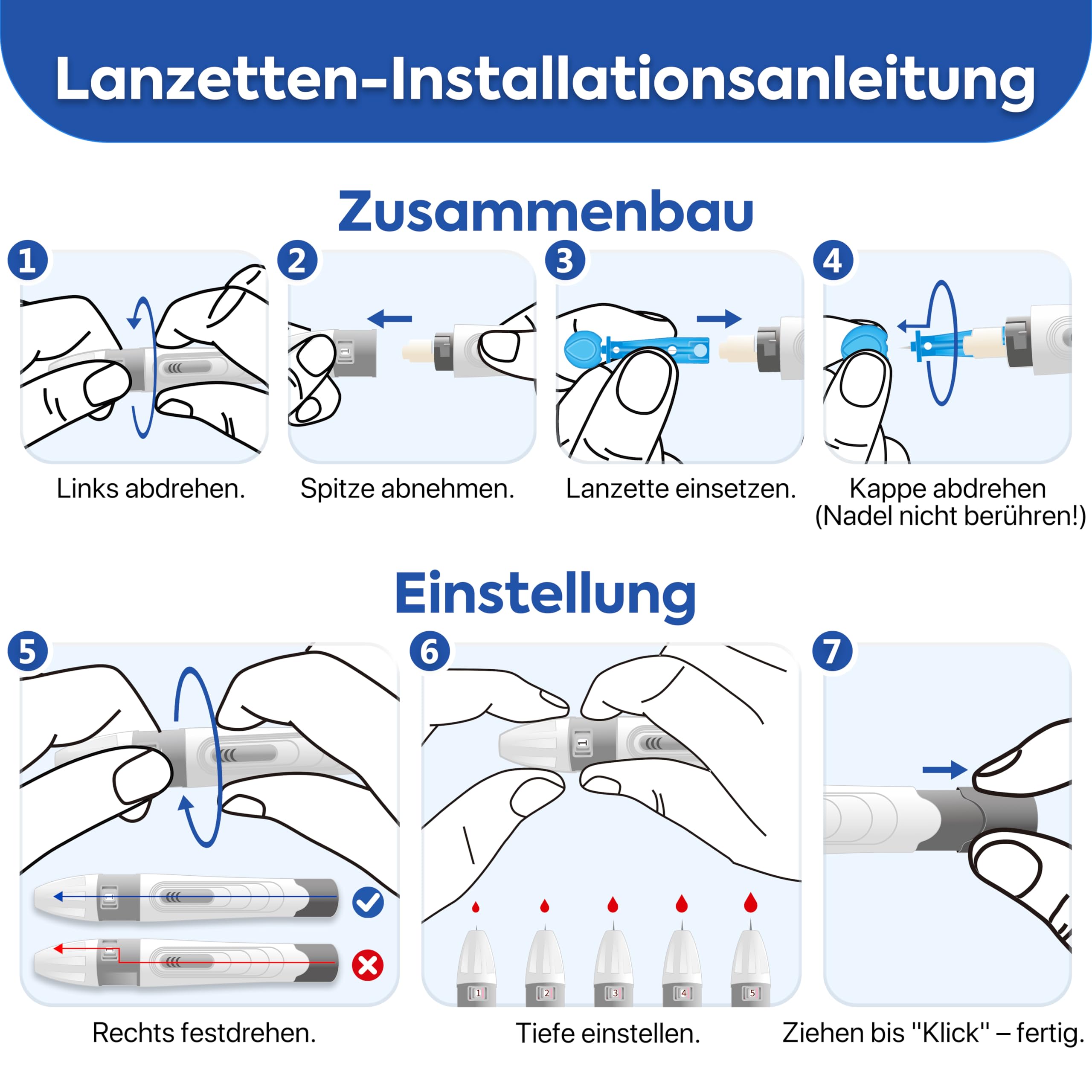LinkSun G-425-3 Blutzuckermessgerät Set (mg/dL) mit 100 Teststreifen, 100 Lanzetten, Stechhilfe, Glucose-Kontrolllösung, Codierungsfrei, mg/dL & mmol/L