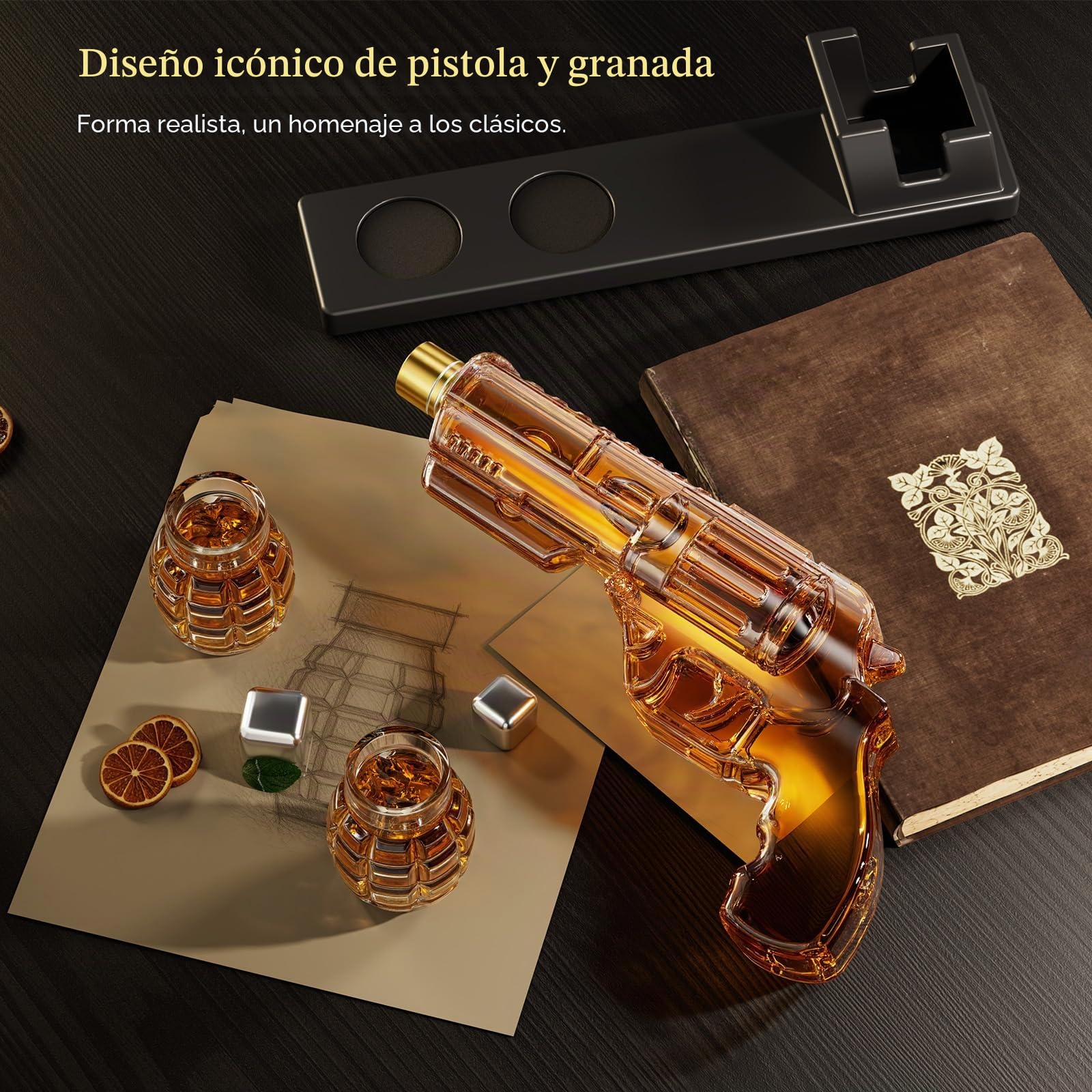 Kollea Juego de decantador de whisky con vasos de chupito en forma de granada, regalos de cumpleaños de aniversario para hombres que lo tienen todo, regalos de whisky de vacaciones para hombres, padre