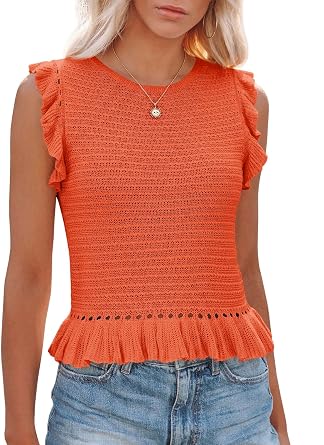 PiePieBuy Womens Summer Knit Tank Tops Crew Neck Sleeveless Cami Shirts Tees Ruffle Sweater Vest Orange, X-Large