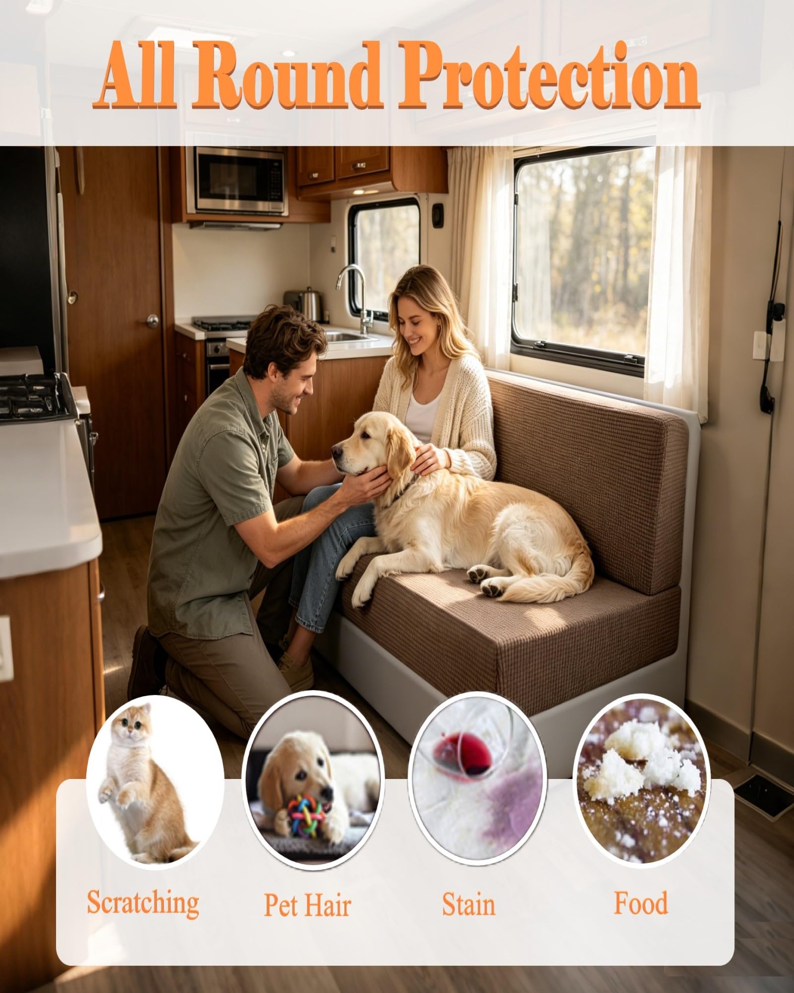 Housse De Coussin De Siège De Caravane, 2 Pièces (1 Set) Élastique Hydrofuge Lavable Housse Banquette RV Housses De Canapé pour Dinette De Camping-Car (Treillis, Couleur Café)