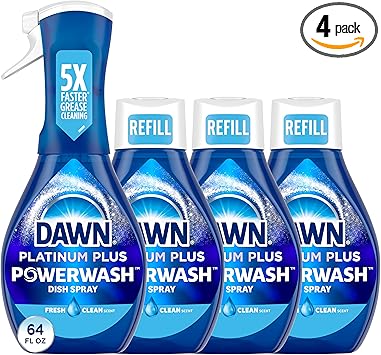 Dawn Platinum Powerwash Dish Spray, Dish Soap Liquid, Fresh Scent Bundle, 1 Spray (16oz) + 3 Refills (16oz each)(Pack of 4)