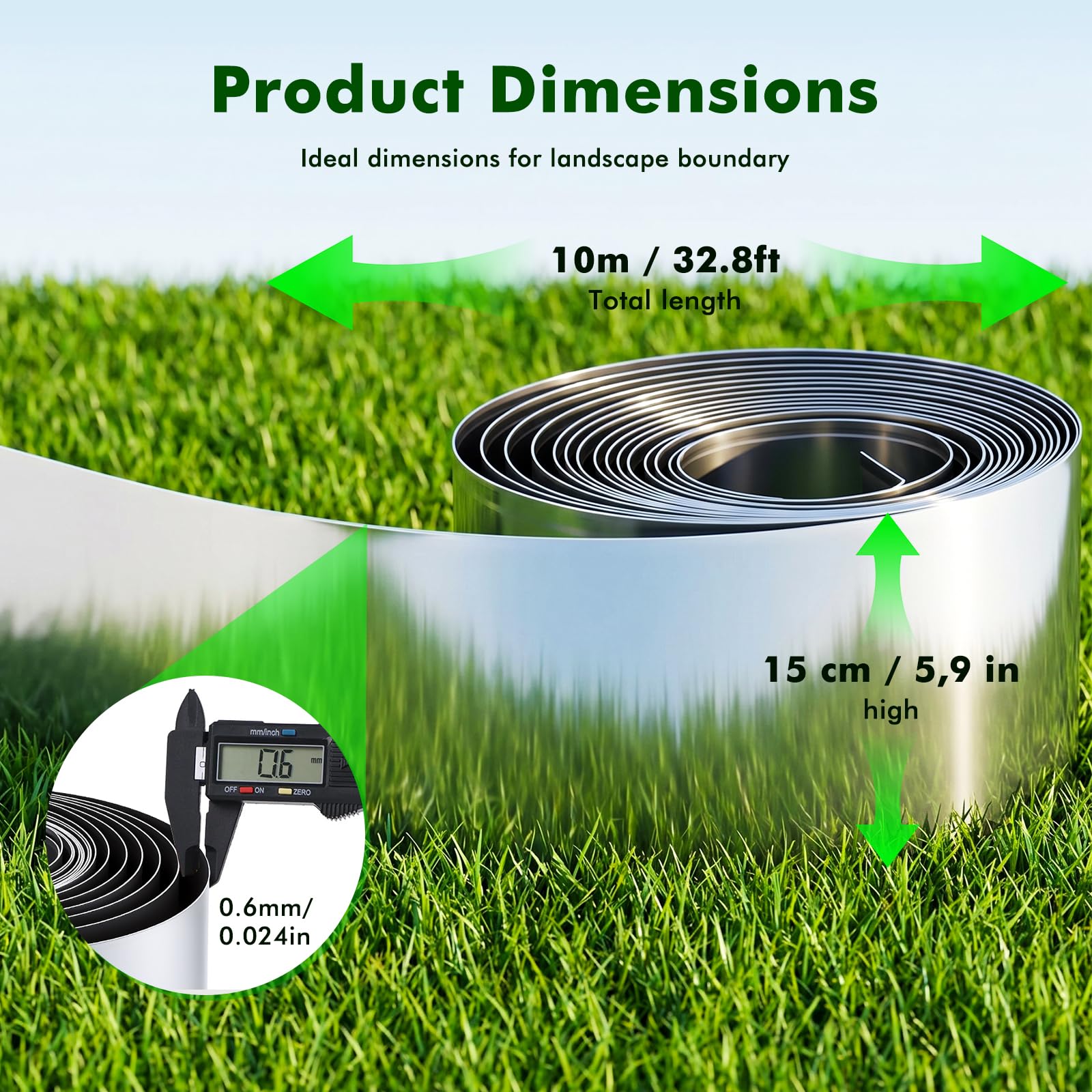 Rasenkante Metall, 10M*15 cm Beeteinfassung Metall, Rostfrei Langlebig Silber Beetumrandung Metall 15 cm hoch, Beetumrandung Einfache Montage Garten Rasen Wege