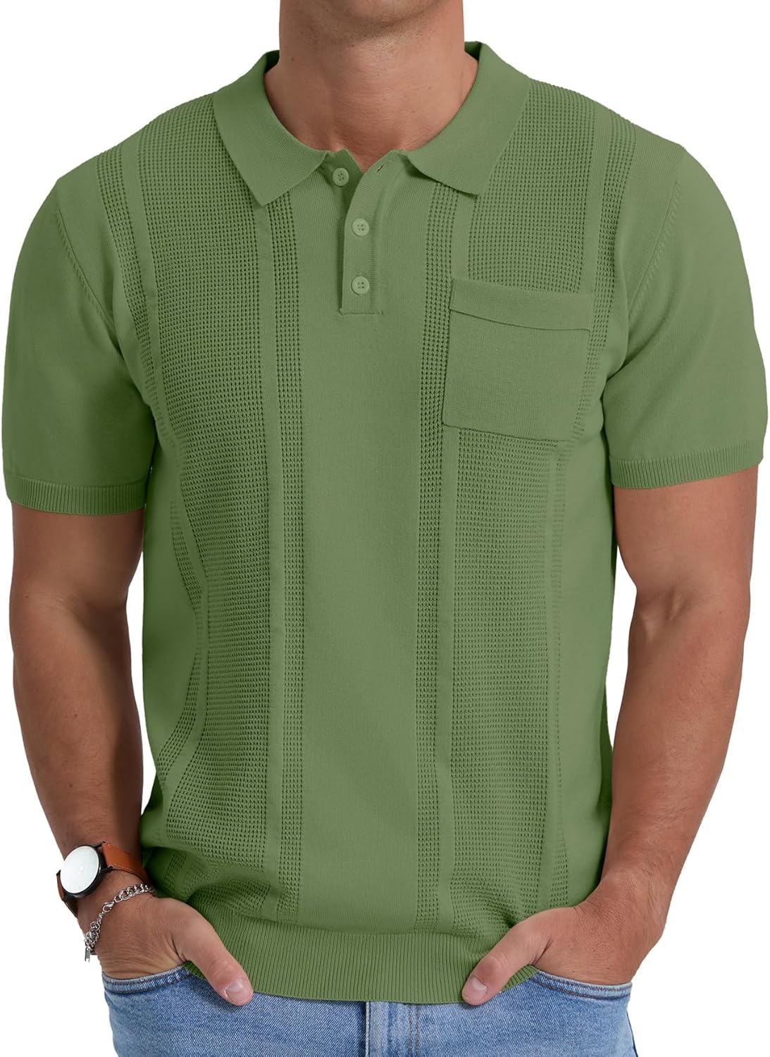 Sailwind Mens Textured Knit Polo Shirts Short Sleeve Summer Collared T Shirt with Pocket - Image 2