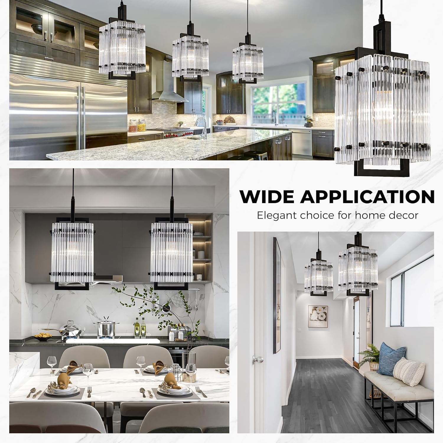 IKK Black Pendant Light for Kitchen Island, Luxury Ribbed Glass Chandelier Lights Fixture, Modern Elegant Adjustable Pendant Lighting for Dining Room Bedroom, E26 Bulb, L6.5'' x H14''