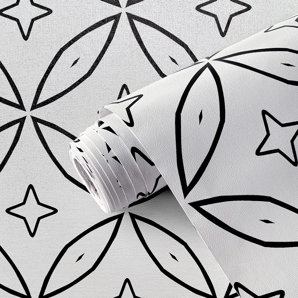 Papier peint noir et blanc à décoller et à coller - Papier peint géométrique - 45 x 497 cm - Rayures noires - Autocollant amovible - Décoration murale moderne - Papier peint blanc - Film vinyle