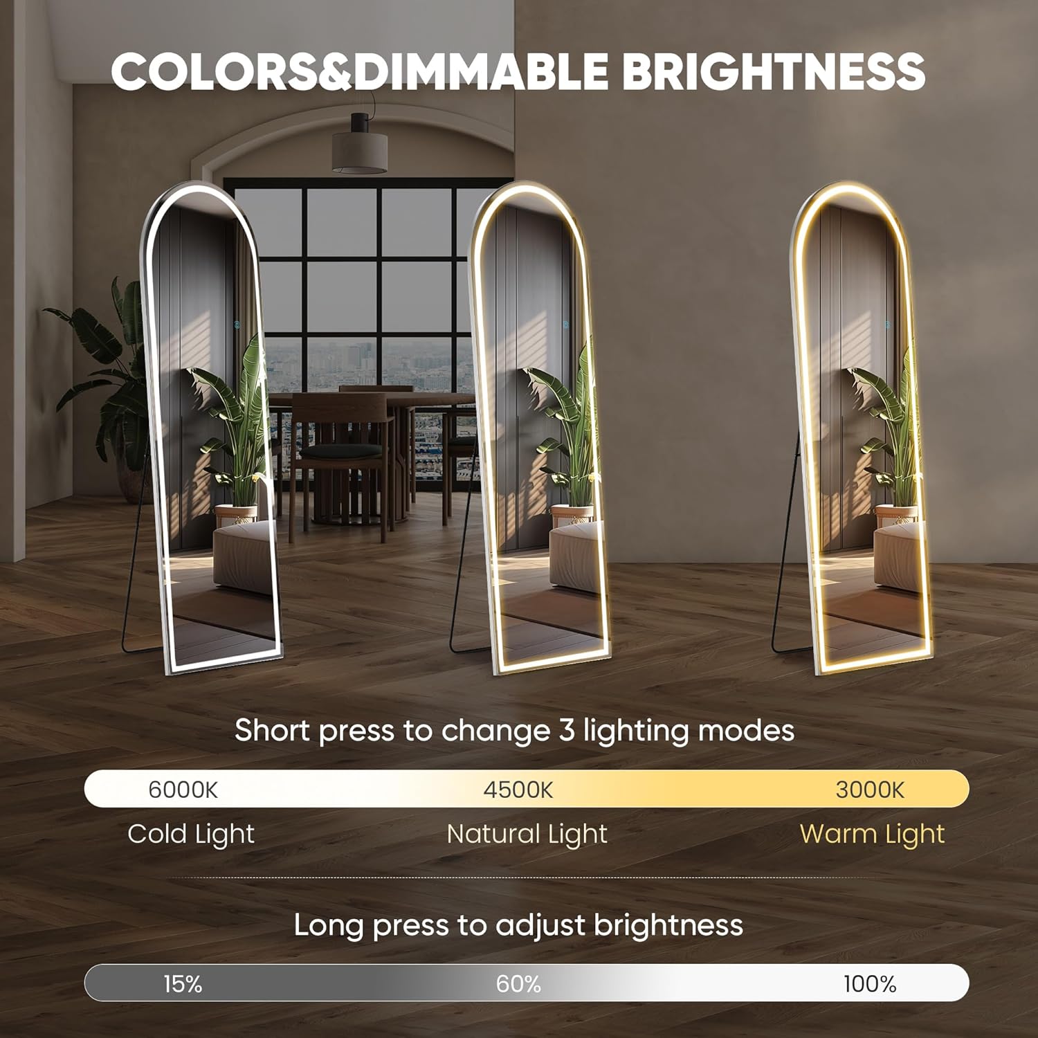 DUMOS Arched Full Length Mirror with Light-15.7×59.8" LED Floor Standing Mirror with 3 Color Lights & Wall Mounted for Bedroom, Dressing Room, Living Room, Bathroom