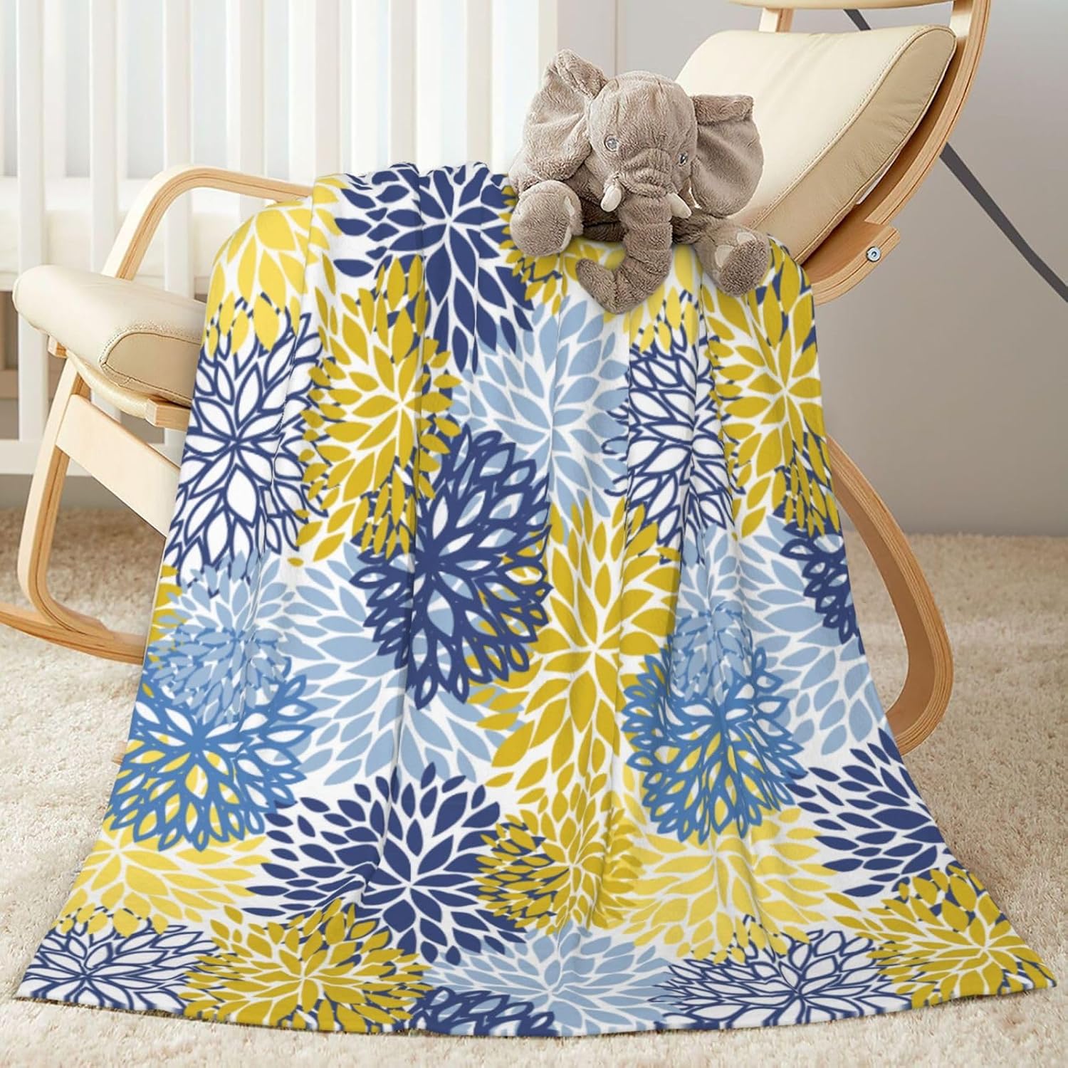 Blue Yellow Navy Chrysanthemum Flowers Fleece Throw Blanket Ultra Soft Cozy Decorative Flannel Blanket All Season for Home Bed Couch Chair Travel 50x40in