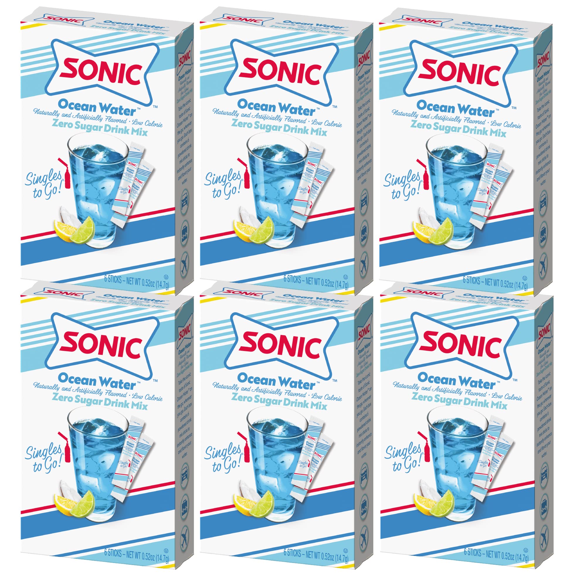 Sonic Singles to Go Powdered Drink Mix, Ocean Water, 6 Sticks per Box, 6 Boxes included (36 Sticks Total)