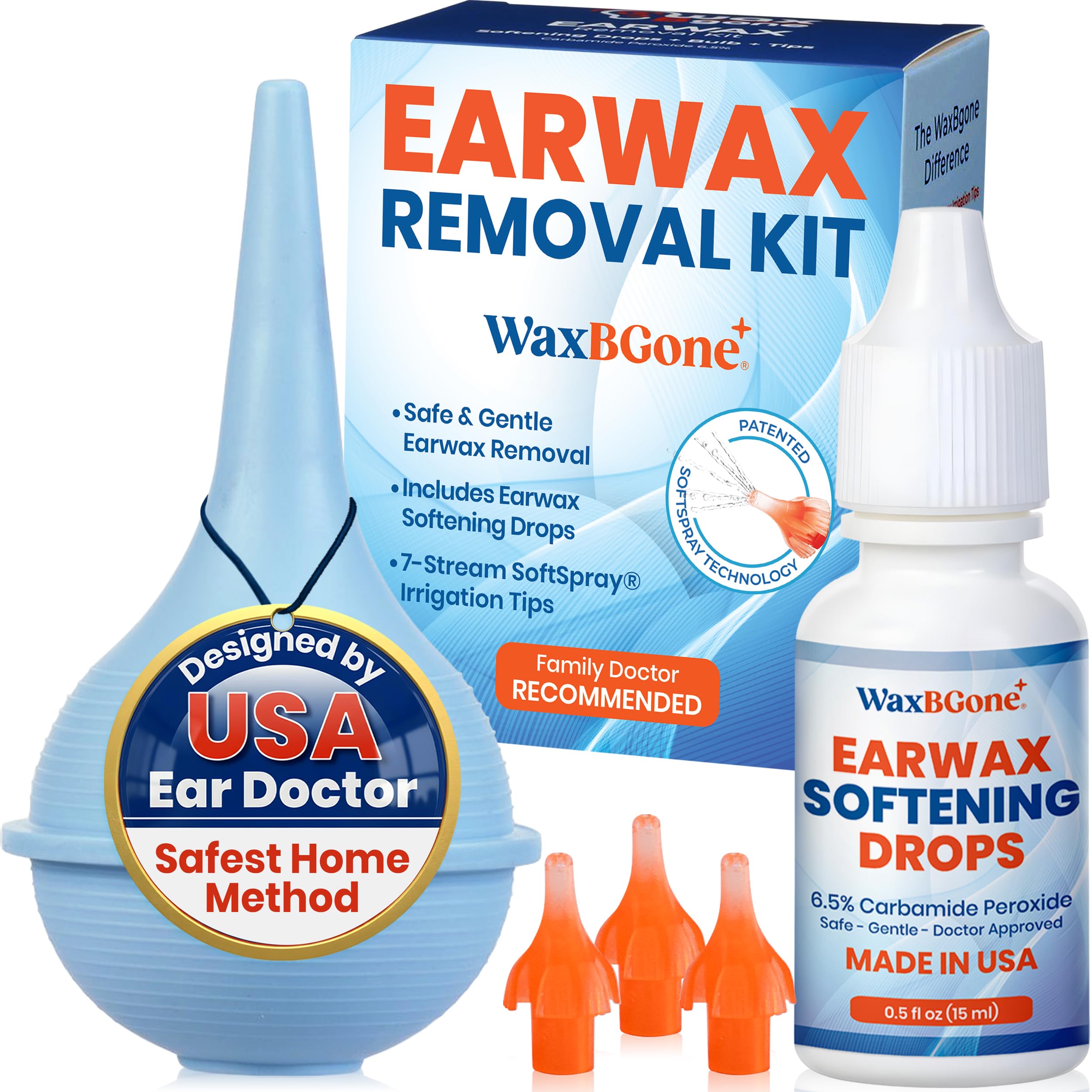 WaxBgone Earwax Removal Kit with Drops, Large 2-oz Ear Bulb Syringe & 3 SoftSpray Tips - Safe & Effective Ear Cleaning Kit - Wax Softening Formula Dissolves Earwax with Gentle Foaming Action - 0.5 Oz