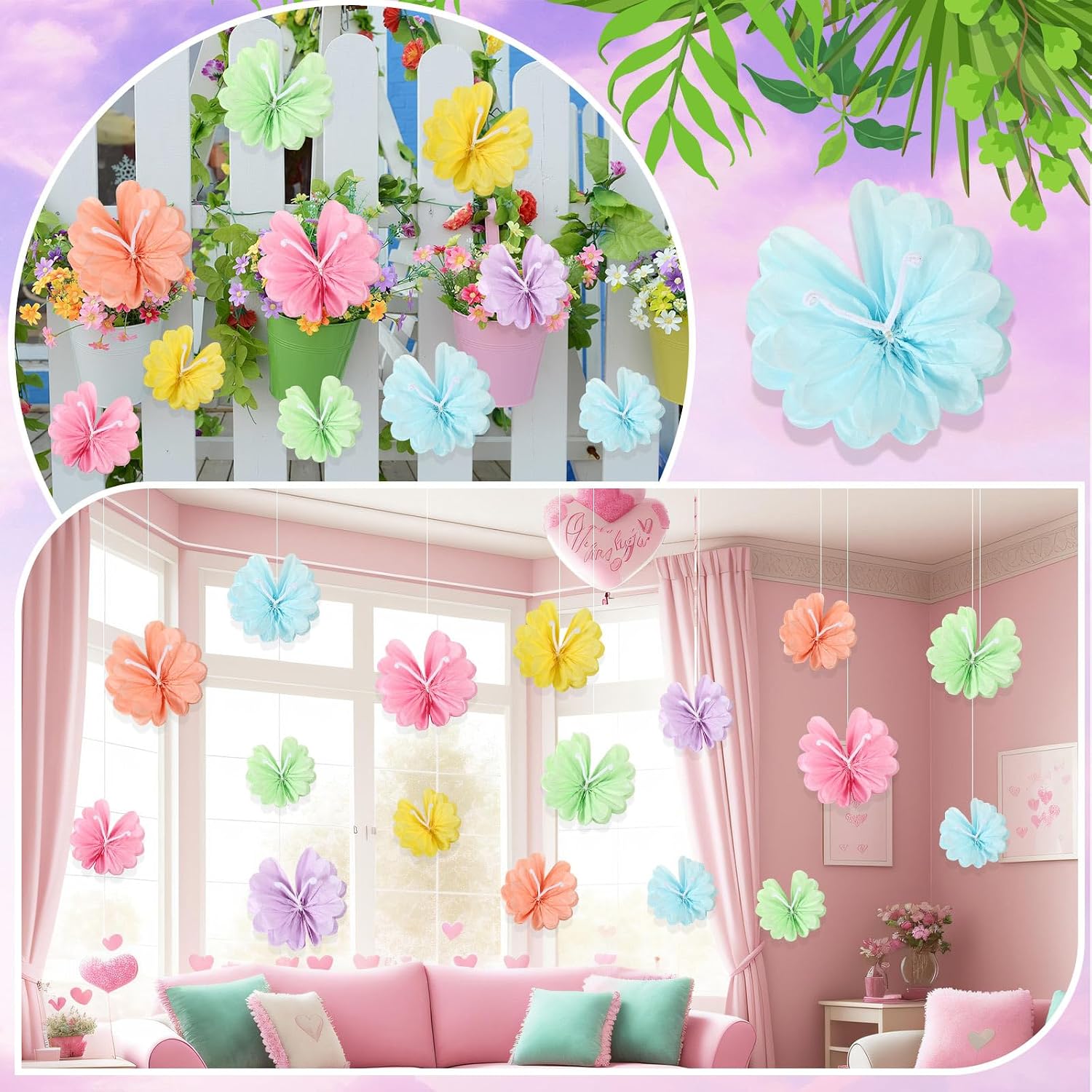 AmazingSpark 12 Pcs Butterfly Tissue Paper Pom Poms 3D Butterfly Birthday Party Decorations 3D Paper Hanging Butterflies for Women Baby Shower Wedding Wall Decor Fairy Tea Party Decorations