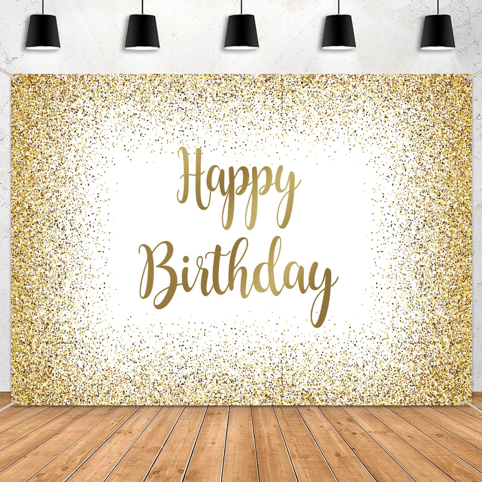 Celchvens 7x5ft Black and Gold Decoration for Adult Kids Birthday Party, Glitter Golden Bokeh Backdrop Banner Happy Birthday Background Sign Poster