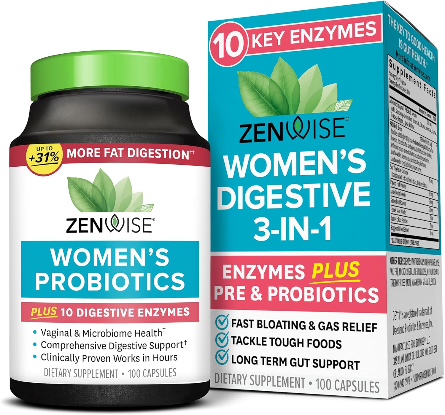 Zenwise Health 3-in-1 Womens Probiotic Supplement for Digestive, Gut Flora & Vaginal Health – Daily Probiotics & Prebiotics for Women with Digestive Enzymes Supports Bloating & Gas Relief – 100 Count