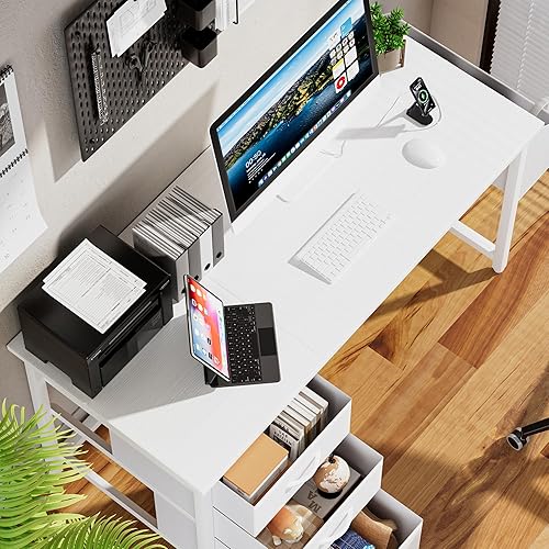 Miniatura 3 de Yapai - Escritorio blanco con cajón de tela, escritorio reversible de 47 pulgadas con archivador para dormitorio, espacio pequeño, oficina en casa,
