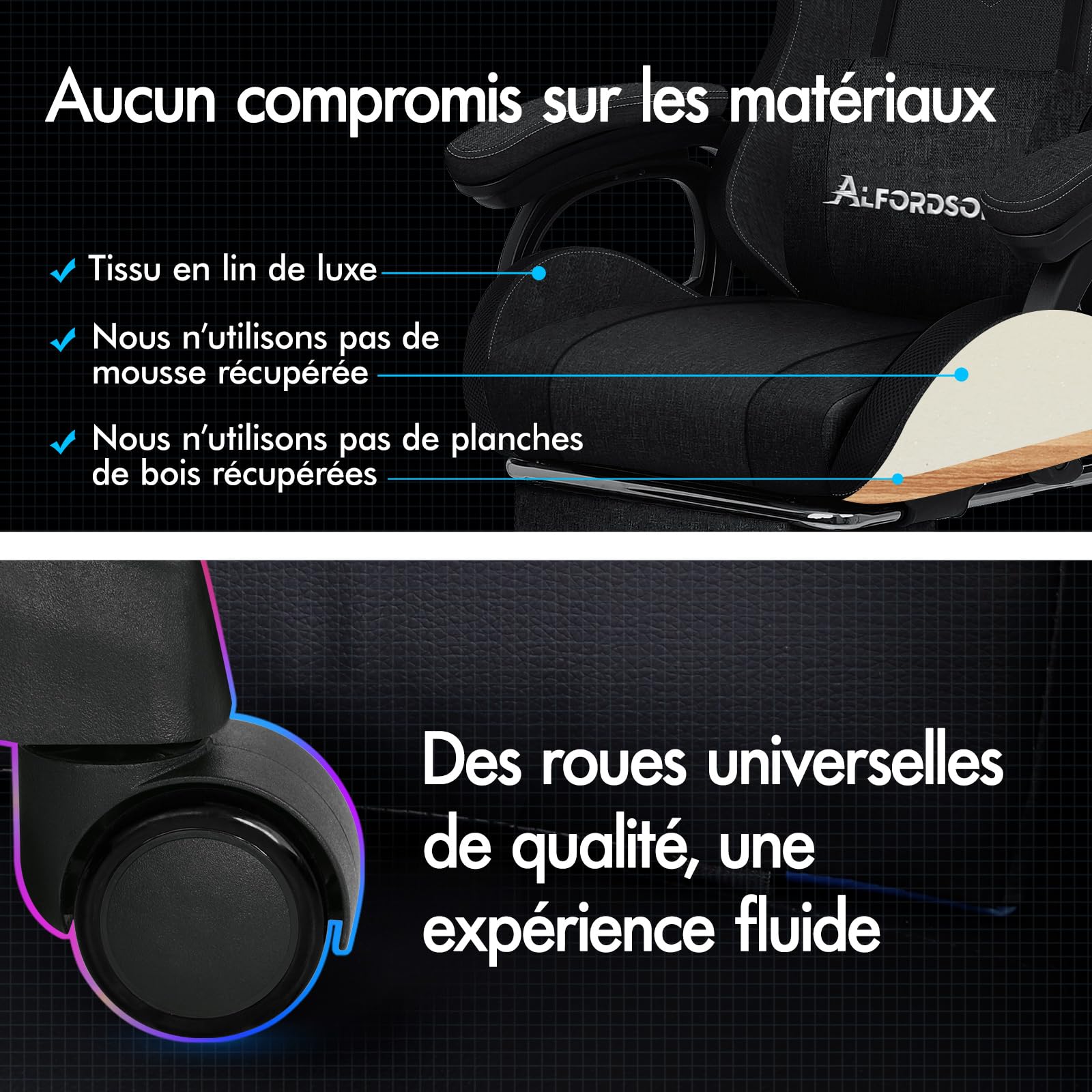ALFORDSON Chaise de Gaming, Chaise de Joueur de Course avec Éclairage LED RVB, Fauteuil d'ordinateur Massant avec Repose-Pieds, Chaise Pivotante Ergonomique avec Dossier à Levier, Tissu, Noir