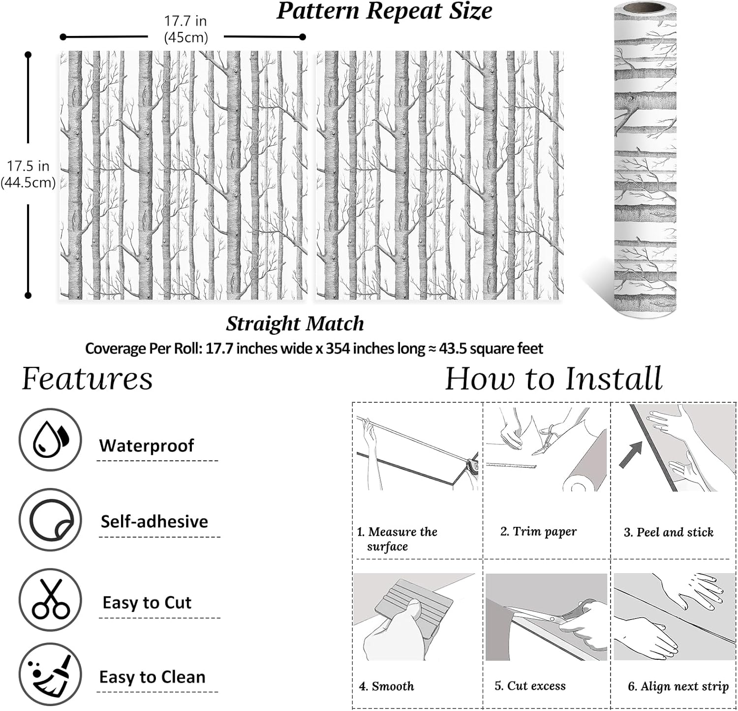 VEELIKE Minimalist Grey Birch Tree Wallpaper Peel and Stick Birch Forest Wallpaper for Bedroom Living Room Farmhouse 17.7''x354'' Self Adhesive Removable Woodland Tree Wall Mural for Bathroom Nursery