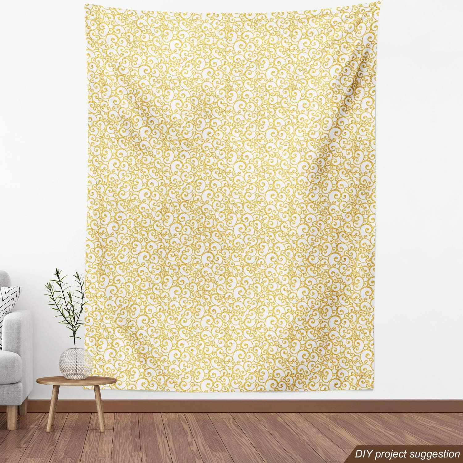 Ambesonne Victorian Fabric by The Yard, Floral Ivy Swirls in Golden Yellow Shade Antique Motif Inspired Art Print, Decorative Fabric for Upholstery and Home Accents, 2 Yards, White and Yellow
