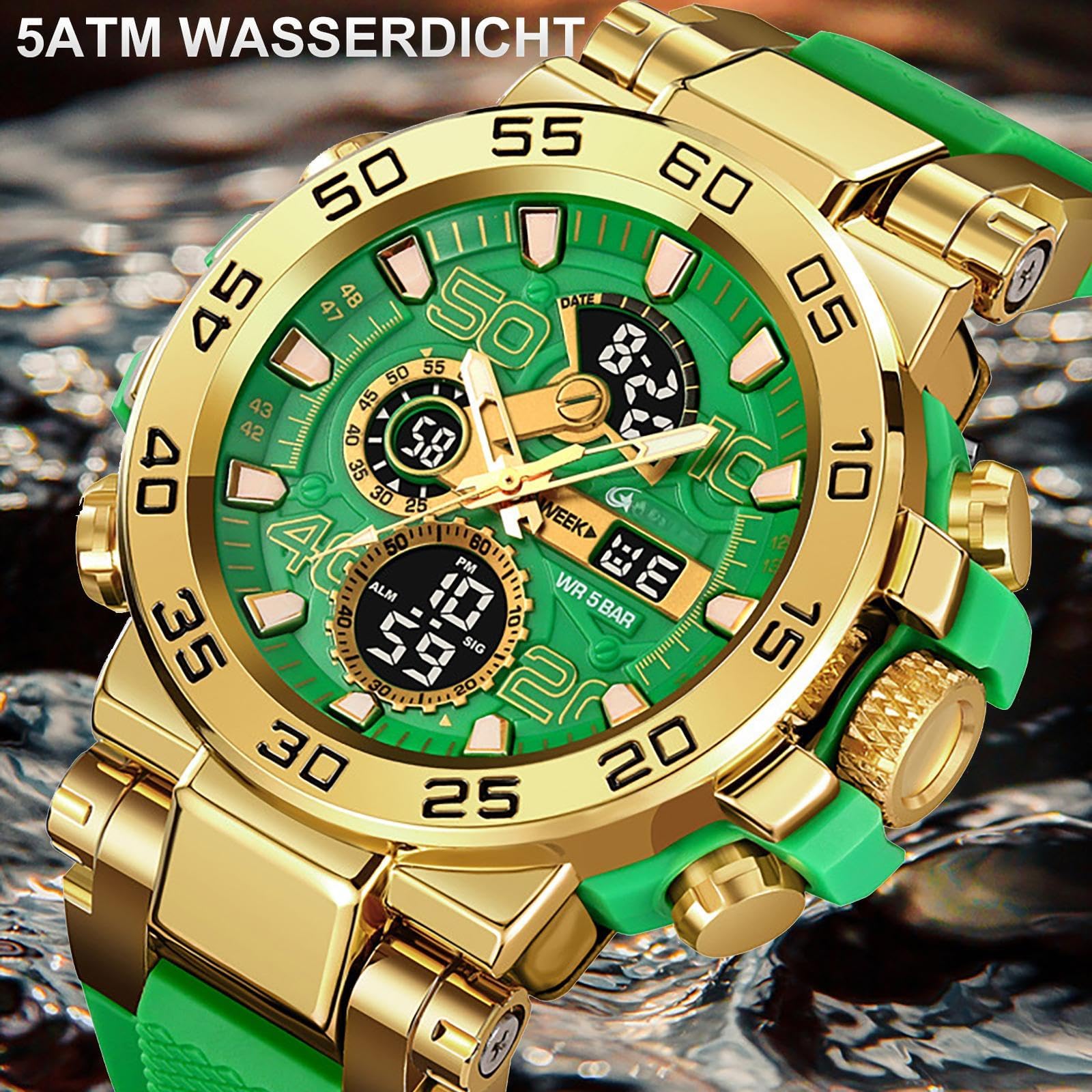 MASTOP Reloj para hombre, analógico, digital, 5 ATM, resistente al agua, de alto contraste, negro, blanco brillante, eleva la mano, retroiluminación, para exteriores, estilo militar