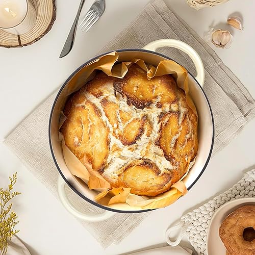 Miniatura 3 de Gacuray - Olla holandesa de hierro fundido esmaltado de 4.5 cuartos de galón con asas duales Lidnd, resistente, antiadherente, color blanco crema