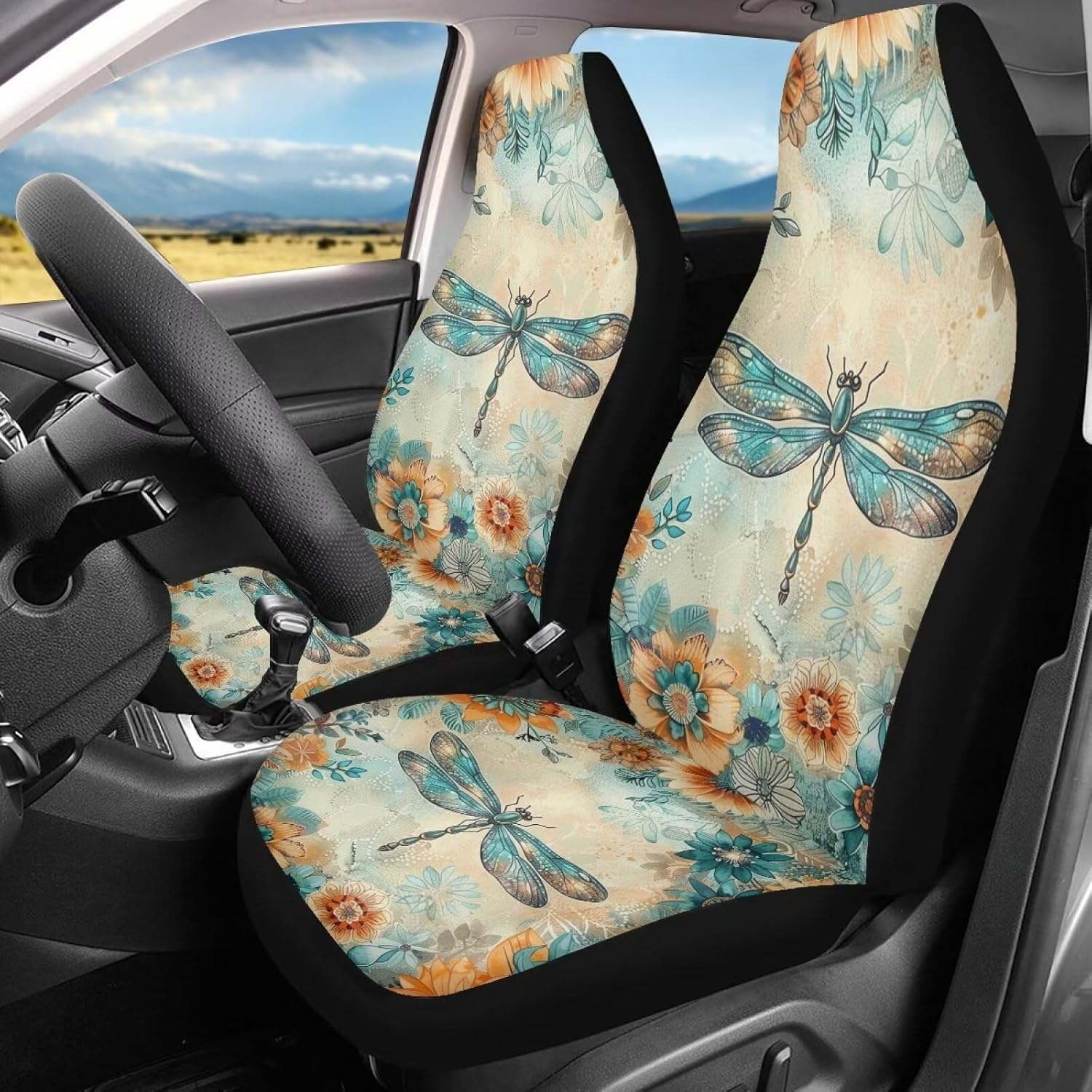 DISNIMO Boho Floral Front Car Seat Covers, Dragonfly Auto Seat Covers Set of 2, Universal Fit Most Vehicle, Cars, Sedan, Truck, SUV, Van